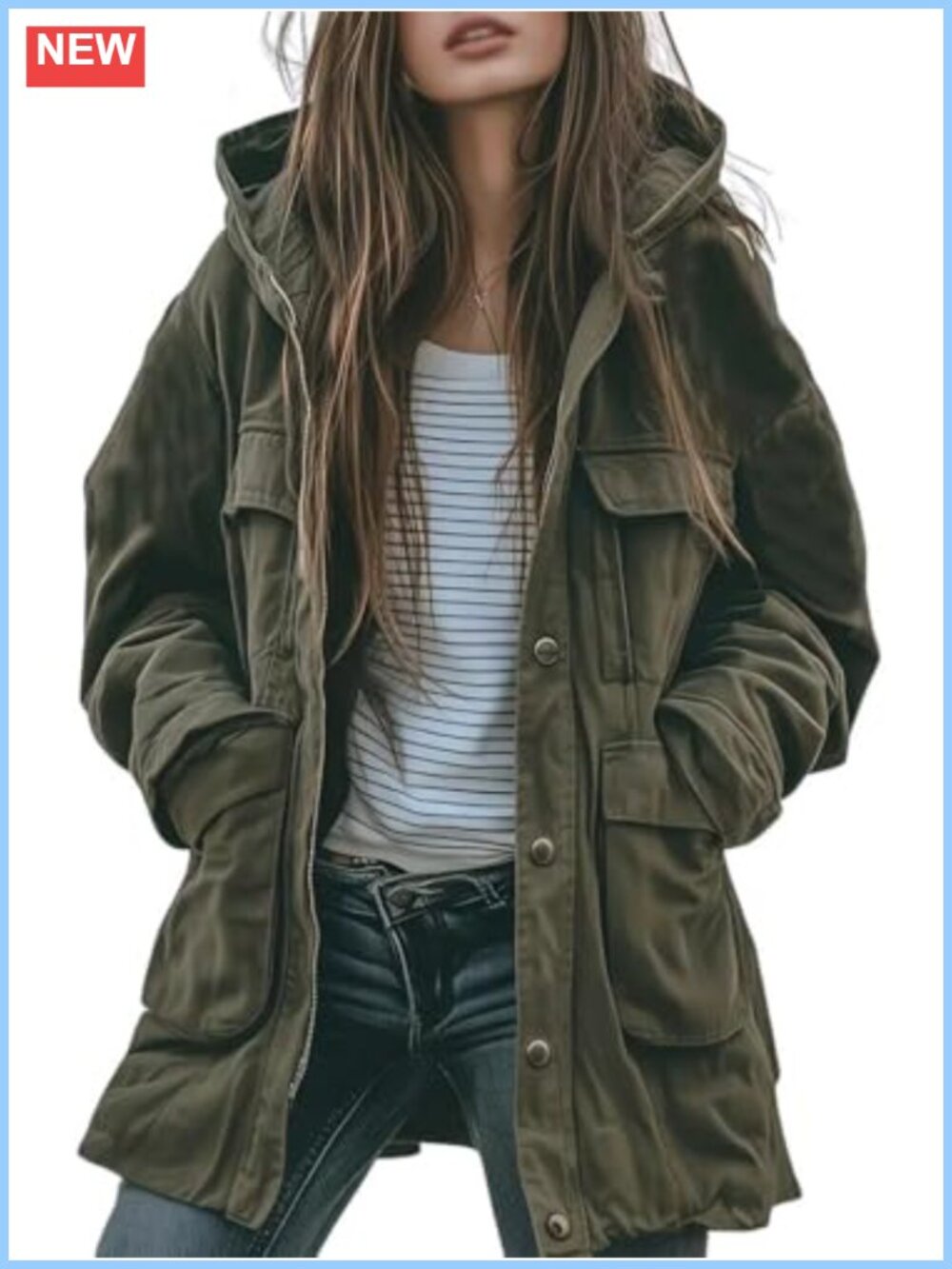 Women's Hooded Safari Cotton Jacket Zip Up Trench Military Anorak